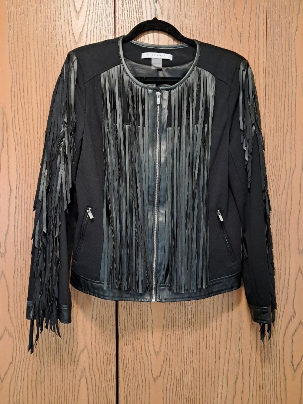 PETER NYGARD BLACK FAUX LEATHER & KNIT FRINGED JACKET Size L